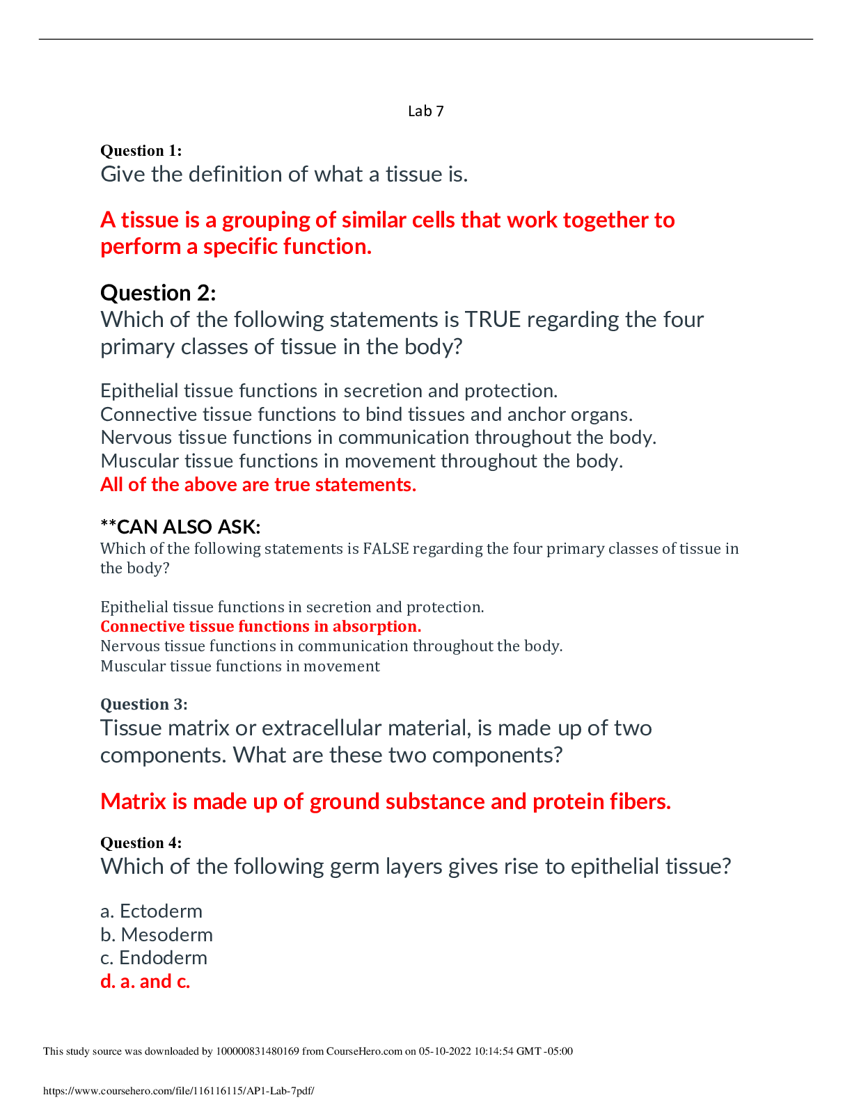 Preview image for Portage Learning BIOD 151 A&P 1 Lab_7 Questions/Answers (Grade A)